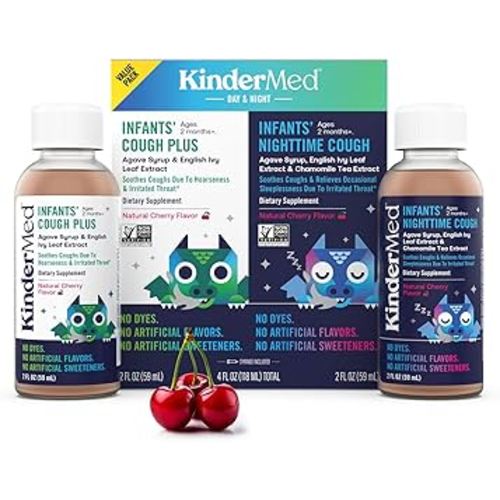 KinderMed Infants' Cough Day & Night Value Pack - Organic Agave Syrup and English Ivy Leaf Extract - No Dyes, No Artificial Flavors or Sweeteners - for Ages 2 Months+ - Natural Cherry Flavor, 2 Fl Oz