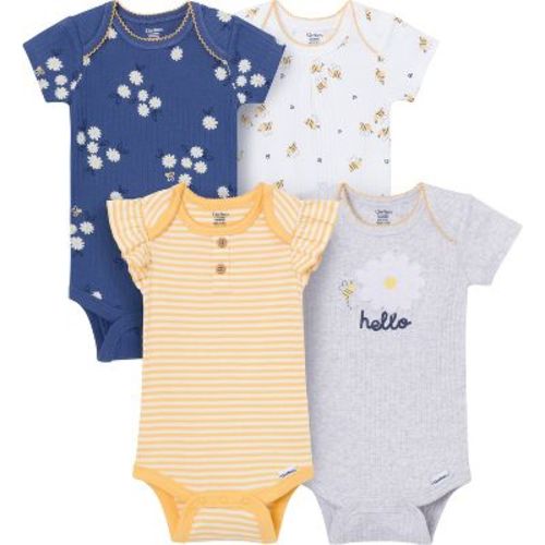 Gerber Baby Girls' 4-Pack Short Sleeve Bodysuits, Bee Flower Garden, 3-6 Months