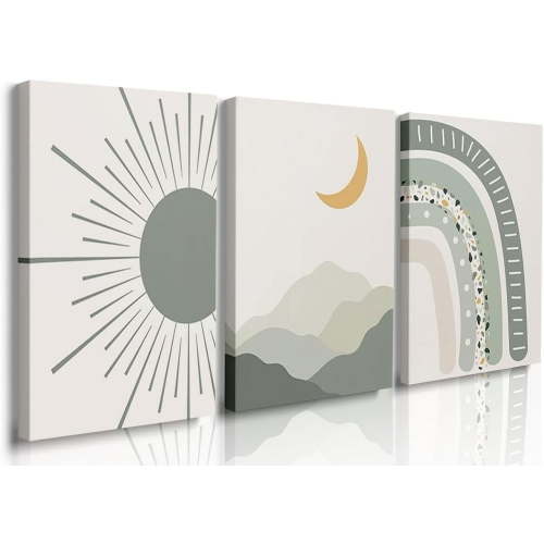 Boho Nursery Print Set of 3,Sun Rainbow Moon Baby Room Posters,Sage Green Wall Art Celestial Bedroom Kids Room Wall Art Decor, Abstract Art Prints,Mid Century Mountain Art for Home Decor 12"x16"