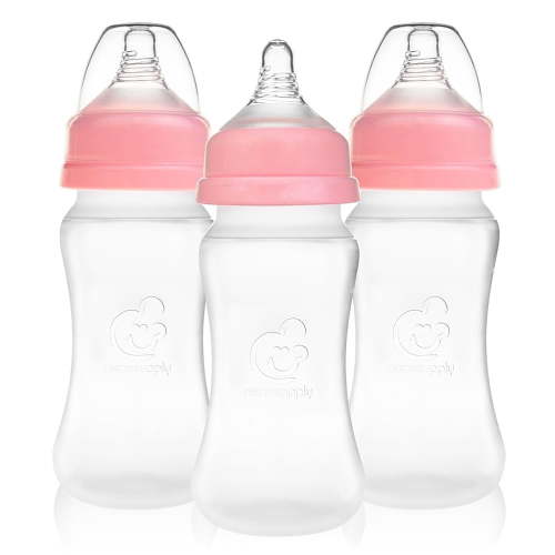 Nenesupply Silicone Baby Bottles Newborn Feeding Bottles 1-3 Months Slow Flow Breastfeeding Bottle for Breastfed Babies Wide Neck 8oz Anti Colic Level 2 Nipple for 1+ Month Infant W with Spectra Part
