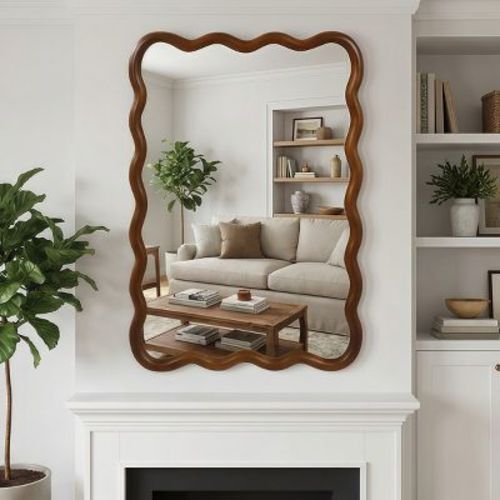 24" x 36" Modern Wavy Rectangle Wall Mirror, Walnut Decorative Mirror, Wall-Mounted or Leaning Accent Mirror for Living Room-Panipeachy