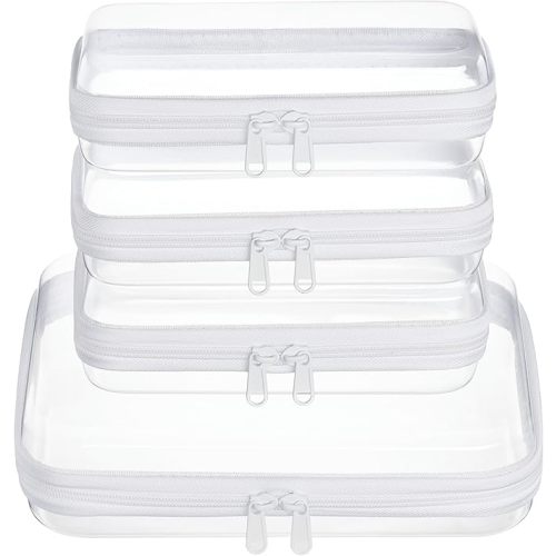4 pcs Clear Zipper Pouches,Hard Shell Zipper Case, Toiletry Bag for Travel, CLear Diaper Bag, Toiletry Pouch, Travel Organizer, Cosmetic Bag,Toy Storage Bins (M+3S)