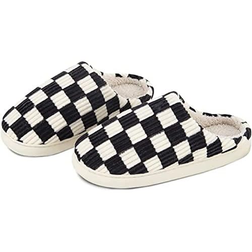 kissxiaoya Unisex House Slippers, Plaid Scuff Slides, Womens Cozy Memory Foam Slipper, Slip on Warm Checkered Shoes Indoor Outdoor with Anti-slip sole