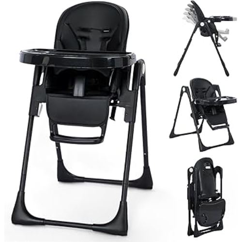 Kinder King Convertible High Chair for Babies & Toddlers, Adjustable Baby Feeding High Chair with Removable Double Tray, Simple Compact Fold for Space-Saving, 2 Built-in Wheels, Easy to Clean, Black