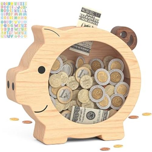 Summidate Wooden Piggy Bank for Kids, Cute Pig Saving Bank for Boys Girls
