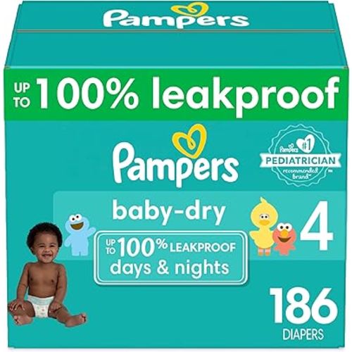 Pampers Baby Dry Diapers - Size 4, One Month Supply (186 Count), Absorbent Disposable Diapers