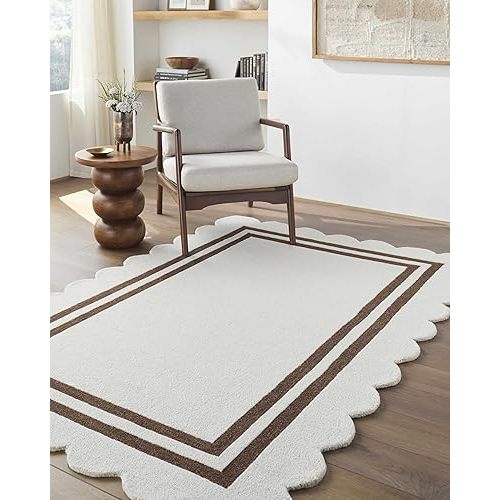 Hauteloom Chogan Modern Geometric Bordered Solid Color Area Rug for Living Room, Bedroom - Hand Tufted Wool Natural Fiber Carpet with Scalloped Edges - Ivory, Chocolate Brown - 5' x 7'6"