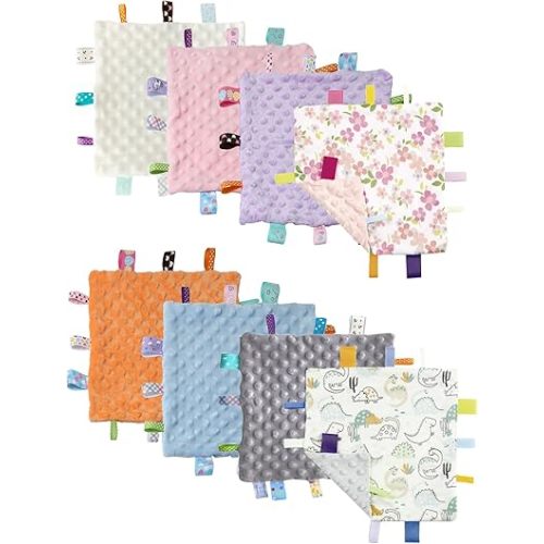 CREVENT Tag Security Blankets for Babies, Soft Small Loveys for Boys, Baby Comforter Sensory Blanket, Great Gifts for Birthday Baby Shower (10"X10" 8 Taggies)