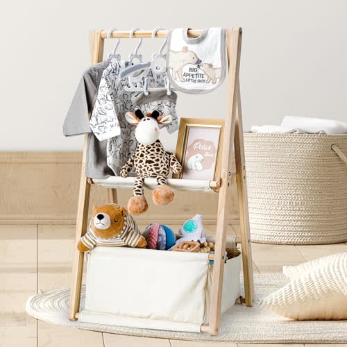 GiftAmaz Wooden Baby Shower Crate Closet, Double-Layered Baby Basket | Baby Storage Crate with Hangers for Nursery, Newborn Baby Clothing Rack for Baby Shower, Pregnancy Gifts for New Mom Parents