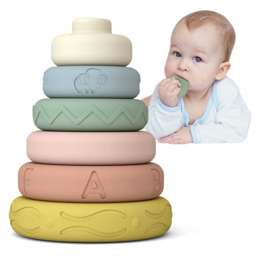 Mini Tudou 6 Pcs Stacking & Nesting Circle Toy,Soft Building Rings Stacker & Teethers,Squeeze Play with Early Educational Learning Stacking Tower, Best Gift for 6+ Months Boys&Girls