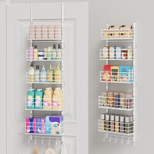 Over The Door Organizer - Door Organizer Hanging with 5 Adjustable Metal Large Capacity Basket and 6 Coat Hook, Wall Mounted Shelf for Bedroom Closet Bathroom Laundry Pantry Cabinet Kitchen
