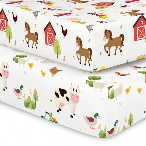 2 Pack Farm Animals Crib Sheets Neutral Newborn Nursery Farmhouse Standard Crib Fitted Sheet for Unisex Baby Girl or Boys (Crib, Farm Animals)