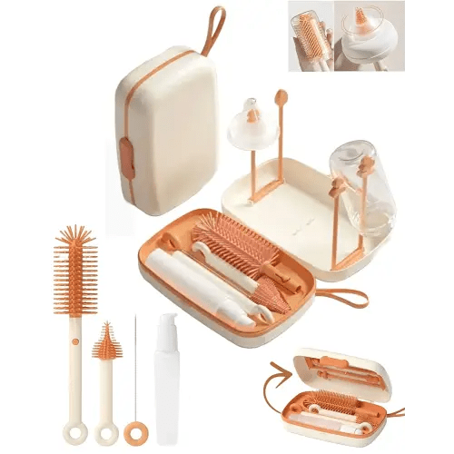 Travel Bottle Cleaner kit, 7in1 Baby Toddler Travel Essential Silicone Bottle Brush Set, Nipple, Drying Rack, Straw, & Breast Pump Cleaning, Soap Dispenser & Organizer Case, Gift for Mom (White)