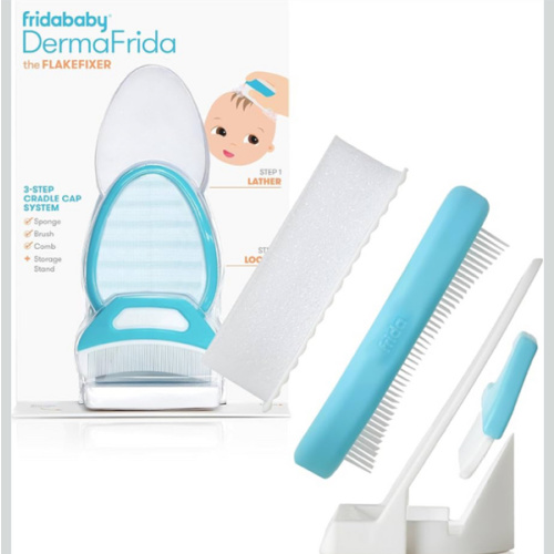 Amazon.com: Frida Baby The 3-Step Cradle Cap System, DermaFrida FlakeFixer, White-Blue | Sponge, Brush and Comb Set with Storage Stand for Baby's Cradle Cap, Gentle Care, White-Blue