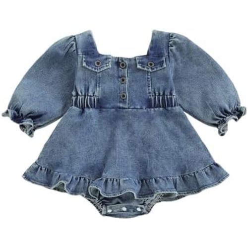 Gaono Toddler Baby Girl Denim Dress Long Sleeve Square Neck Button Down A-line Blue Jean Dresses Fall Winter Clothes