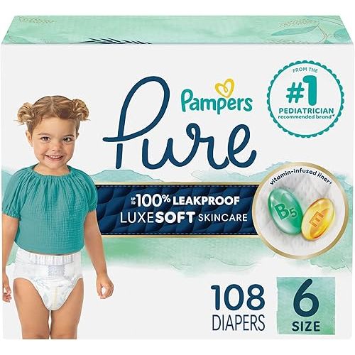 Pampers Pure Baby Diapers, Size 6 (35+ lbs), 108, Up to 100% Leakproof, Premium Hypoallergenic Soft Diapers