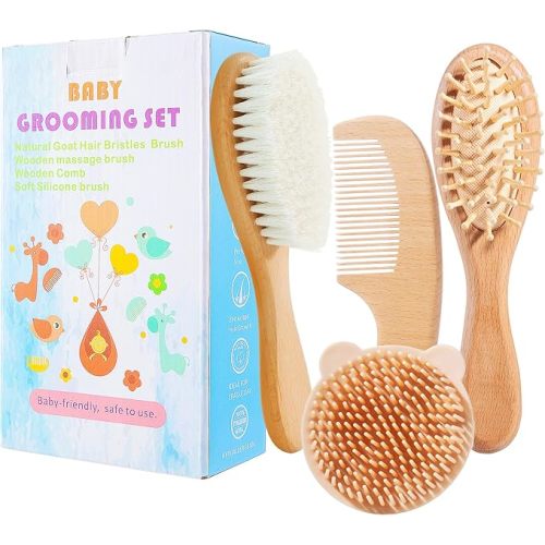Baby Hair Brush Set for Newborns, Wooden Baby Brush & Comb - Toddler Cradle Cap Brush, Ultra Soft Goat Hair Bristles, Baby Grooming Kit for Baby Showers & Registries Gift Set