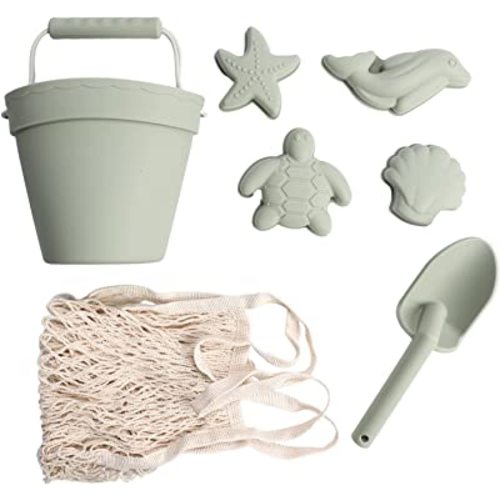 Silicone Beach Toys - Modern Baby Travel Friendly Beach Set | Bucket, Shovel, 4 Sand Molds, Bag | Sand Toys for Toddlers, Kids - 7pc (Dusty Mint)