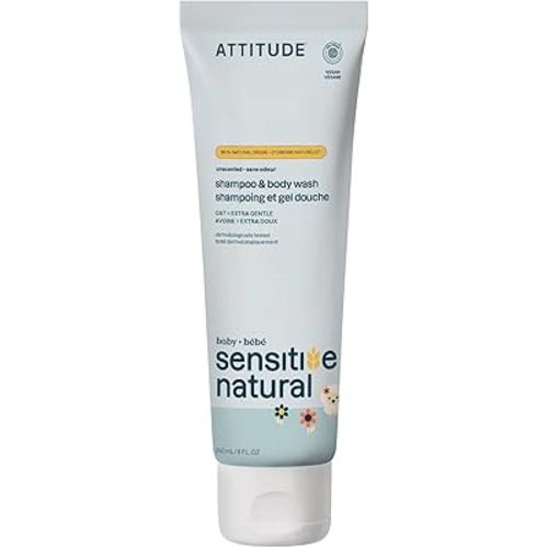 ATTITUDE 2-in-1 Shampoo and Body Wash for Baby, EWG Verified, Extra Gentle, Enriched with Oatmeal, Dermatologically Tested, Vegan, Unscented, 8 Fl Oz