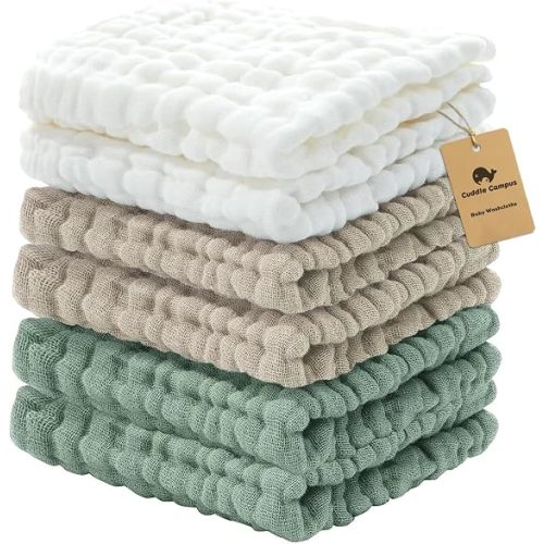 Cuddle Campus 6 Pack Muslin Baby Washcloths, Burp & Wash Cloths for Babies