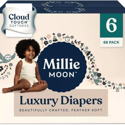 Millie Moon Luxury Diapers for Sensitive Skin – Hypoallergenic, Ultra Soft Plant-Based Disposable Toddler, 12-Hr Leak Protection & Wetness Indicator, 6 (188 Count)