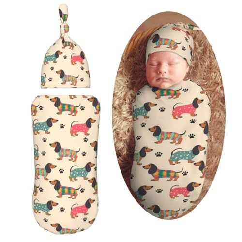 KiuLoam Colorful Cute Dachshund Paw Print Swaddle Blanket with Beanie Hat Set Newborn Receiving Blankets Baby Swaddle Wrap Soft Swaddle Blankets for Baby Boys and Girls