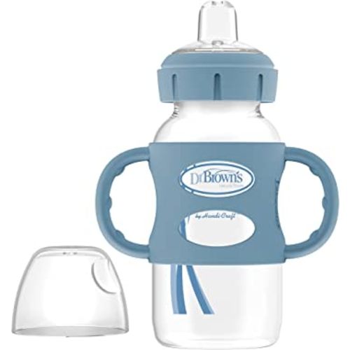Dr. Brown's Milestones Wide-Neck Sippy Spout Bottle with 100% Silicone Handles, Easy-Grip Handles with Soft Sippy Spout, 9oz/270mL, Light-Blue, 1-Pack, 6m+