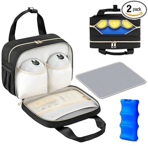 PIIOSER Breastmilk Cooler Travel Bag with Ice Pack, Compatible with Wearable Breast Pumps & Accessories - Portable Hands Free Breast Pump Carrying Case for Nursing & Working Moms, Black