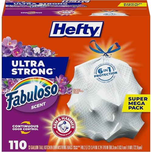 Hefty Ultra Strong 13 Gallon Trash Bags, Tall Kitchen Trash Bags 13 Gallon Size, Resist Leaks, Punctures, and Rips, Continuous Odor Control, White, Fabuloso Scent, 110 Bags