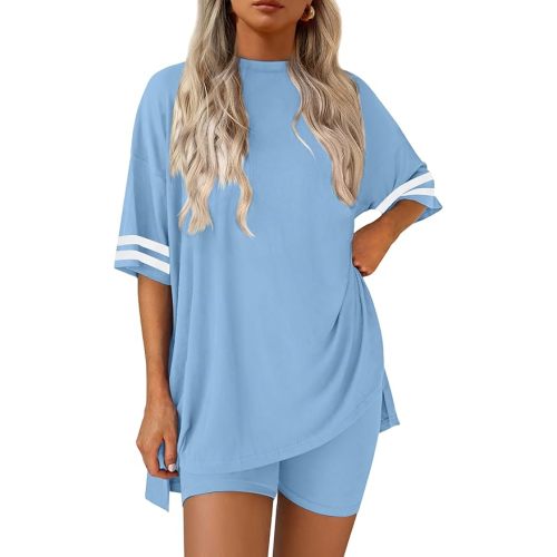 Ekouaer Lounge Sets for Women Casual Oversized Short Sleeve Tops Biker Shorts Soft Comfy Pajama Sets 2 Piece Outfits S-XXL