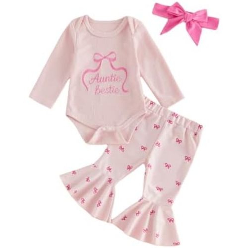 Auntie Bestie Baby Girl Outfit Long Sleeve Waffle Knit Romper Bow Print Flared Pants Headband Infant Fall Clothes