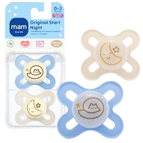 MAM Original Start Night Baby Pacifiers, Binky for 0-3 Months, BPA-Free Silicone Nipple, Easy to Clean, Best for Newborn Babies, Developed with Medical Experts, 2 Count Binkies with Sterilizer Case