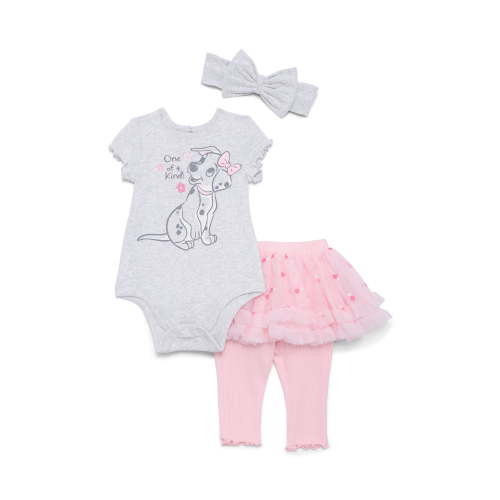 101 Dalmations Baby Girl's Short Sleeve Graphic Onesie with Skegging and Matching Bow Headband, 3 Piece Set, Sizes 0/3M-24M
