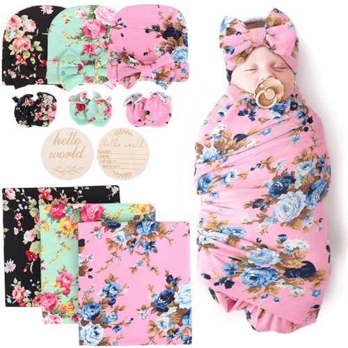 BQUBO Floral Swaddles for Baby Girl Newborn Receiving Blanket with Bow Hat Mittens Wooden Birth Announcement Card Set Baby Floral Print Swaddle Nursery Swaddle Wrap