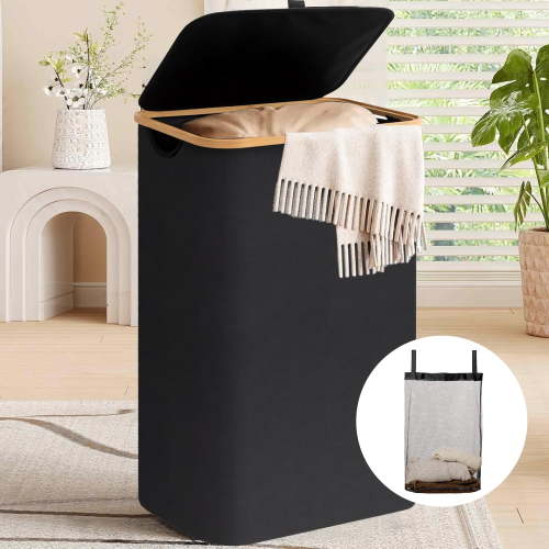 Inadays Laundry Basket Clothes Laundry Hamper 100L with Lid with Bamboo Handles and A Removable Laundry Bag Large Collapsible Foldable Laundry Hamper for Bedroom, Bathroom, Dorm, Laundry Room