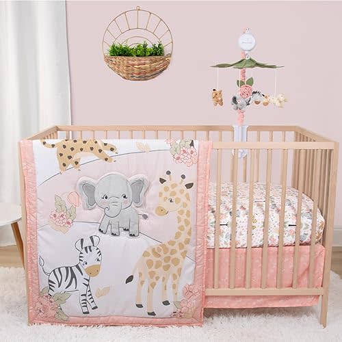 The Peanutshell 4 Piece Baby Crib Bedding Set for Girls - Newborn, Infant & Toddler Nursery Bed Set with Fitted Crib Sheet, Dust Ruffle, Comforter, Mobile - Safari Girl Nursery Decor