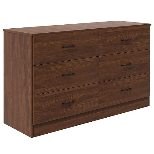 Bigbiglife Wood Dresser for Bedroom, 6 Drawer Double Dresser, Mid Century Modern Chest of Drawers with Deep Drawers, Large Storage Organizer for Living Room, Closet(Walnut Brown)