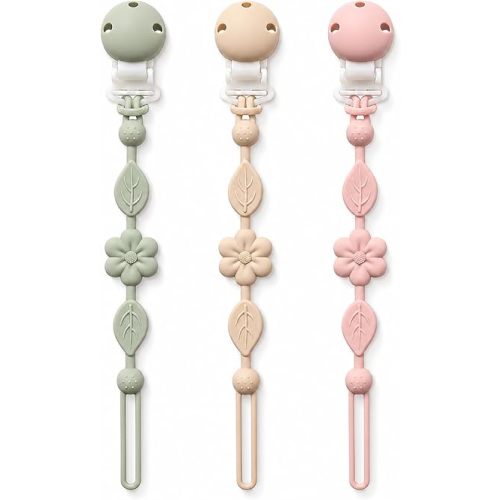 Pacifier Clips for Baby Silicone Pacifier Holder Clips for Boys Girls One Piece Baby Binky Clips YIVEKO Pacifier Clips Flower 3Pcs-Ivory+Sage+Blush