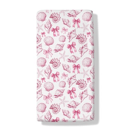 Coastal Ocean Baby Boys Girls Crib Sheets Pink Blue Bows Seashells Starfish Conch Toddler Bedding Bed Sheets Summer Beach Holiday Fitted Crib Mattress Cover for Standard Crib Mattress 28x52 in