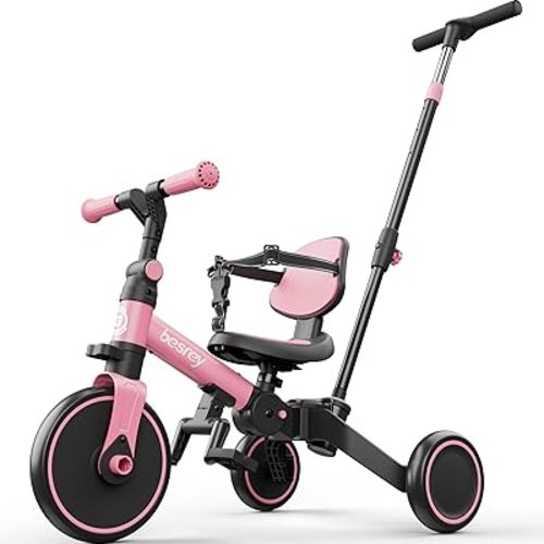 besrey 4 in 1 Toddler Bike, Toddler Tricycle for 1-3 Year Old, Trike with Push Handle, Backrest and Safety Belt, Birthday Gifts and Toys for Boys and Girls, Balance Bike