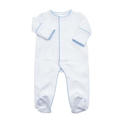 Picot Trim Footie- White W/ Blue