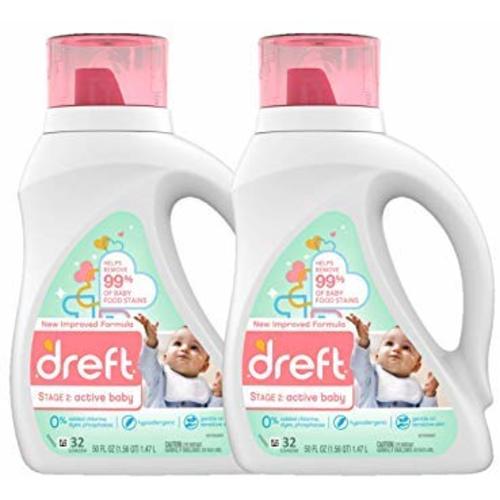Dreft Stage 2: Active Hypoallergenic Liquid Baby Laundry Detergent for Baby, Newborn, or Infant, 50 Ounces(32 Loads), 2 Count (Packaging May Vary) - 2 Pack
