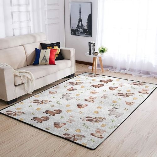 Watercolor Farm Area Rugs Baby Toddler Nursery Bedroom Decor Throw Carpets Farm Animals Pig Goat Horse Cow Chick Rooster Duck Leaves Floor Mats for Kitchen Living Room Bathroom 48x72inch