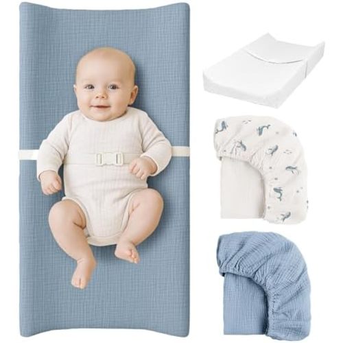 Konssy Baby Changing Pad Set with Waterproof Lining & 2 Pack Muslin Covers