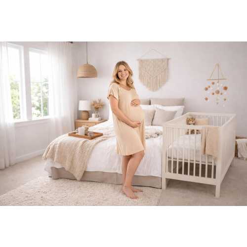 Beige Cotton Gown, Labor Delivery Nursing Lounging. Back and Shoulder open options available