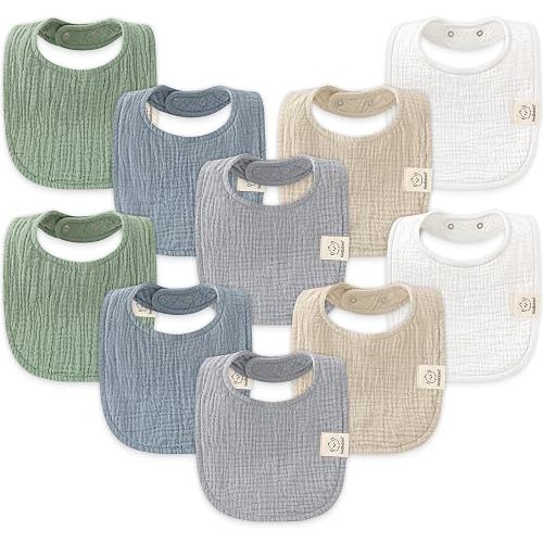 KeaBabies 10-Pack Muslin Baby Bibs for Drooling and Teething (Slate)