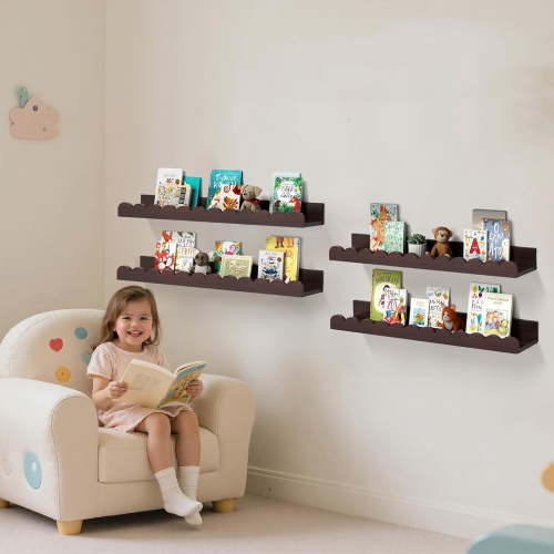 Walnut Scalloped Book Shelf, Dark Wood Nursery Book Shelves Set of 4 Pine Wooden Floating Bookshelf for Wall Cloud Picture Ledge Shelf for Kids Bedroom Baby Child Toddler Room Kitchen (40cm)