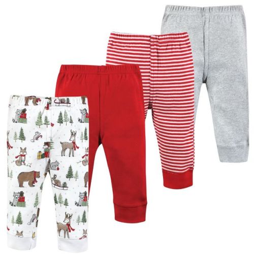 Hudson Baby Basics Infant Boy Comfy Cotton Pants 4-Pack, Winter Woods, 0-3 Months
