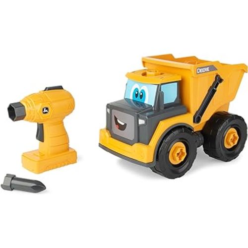 Build-A-Buddy John Deere Dump Truck Toy - Buildable Dump Truck Take Apart Toys with Toy Drill - AA Batteries Included - STEM Building Toys - Yellow - Construction Toys for Kids Ages 18 Months and Up