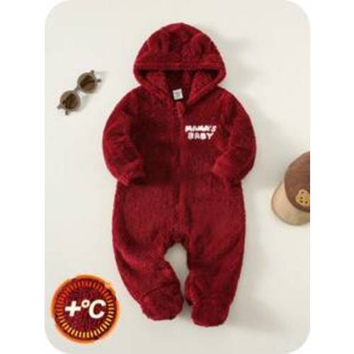 SHEIN Newborn Baby Boy/Girl Cute Fuzzy Letter Print Hooded Jumpsuit, Unisex Baby Clothes For Winter, New Year, Christmas | SHEIN USA